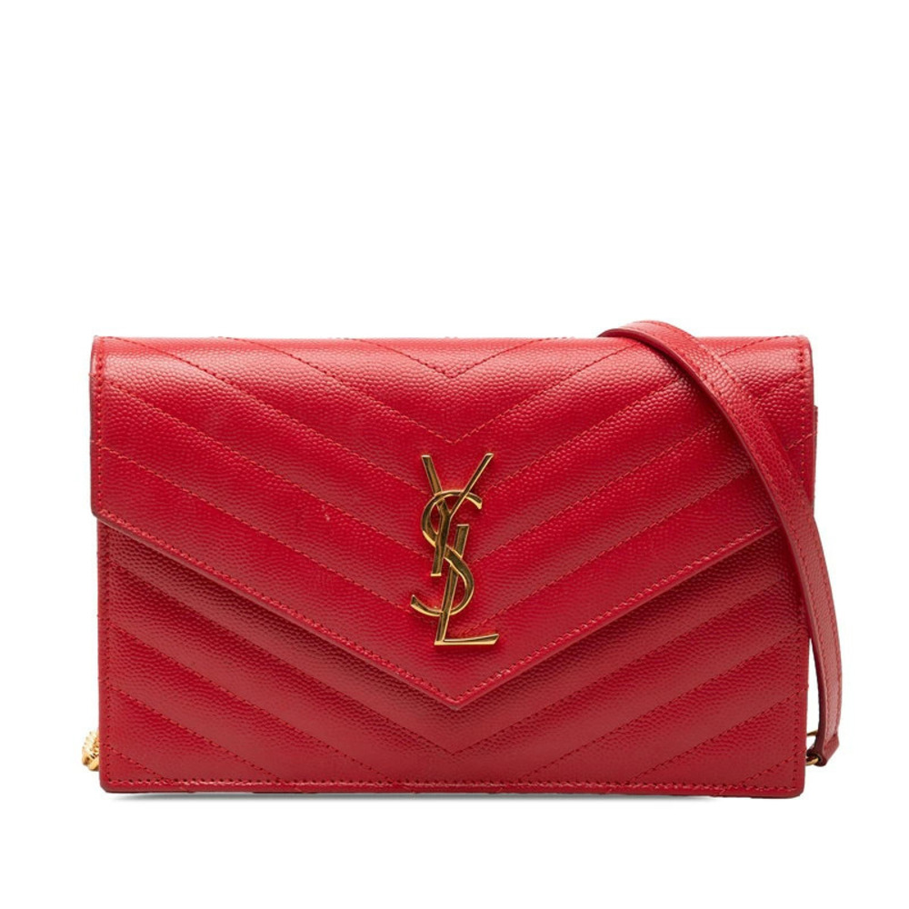 Saint Laurent YSL Monogram Envelope Chain Wallet Shoulder Bag Red Gold Leather
